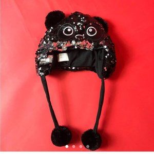 Sequin panda toque with puff ball drawstrings